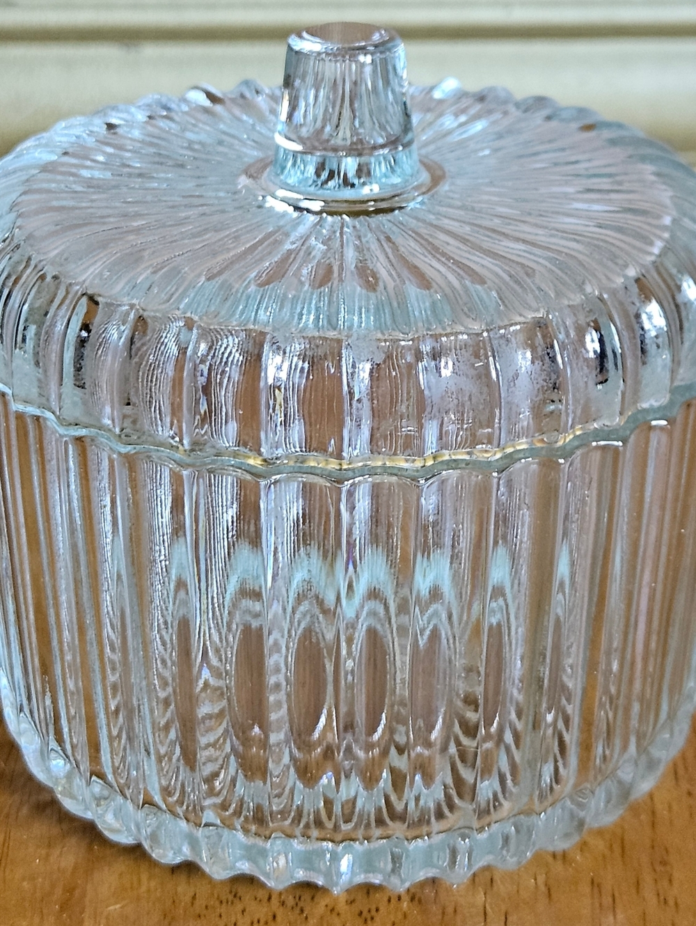 Clear Covered Condiment Jam Jar with Hole for Spoon, likely Jeannete Glass